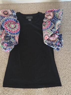 Gracia Black Top with Floral Ruffle Sleeves